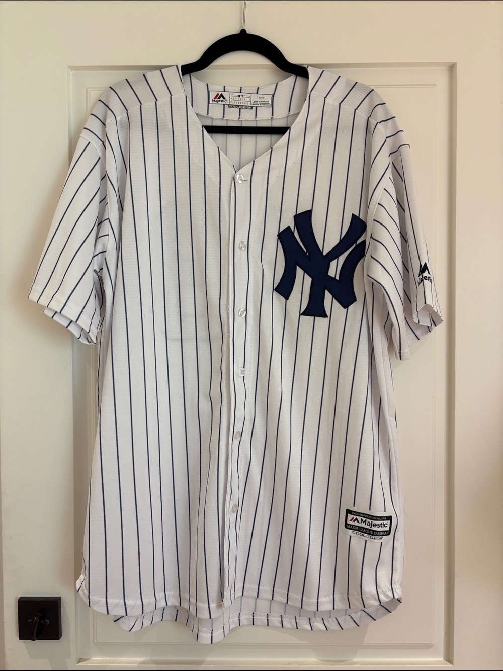 Majestic White Jersey with Navy Pinstripes and NY Logo